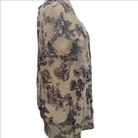 Floral Chiffon Bohemian Careerwear Flowy Lightweight Blouse - Cream Black XL - Picture 3 of 7
